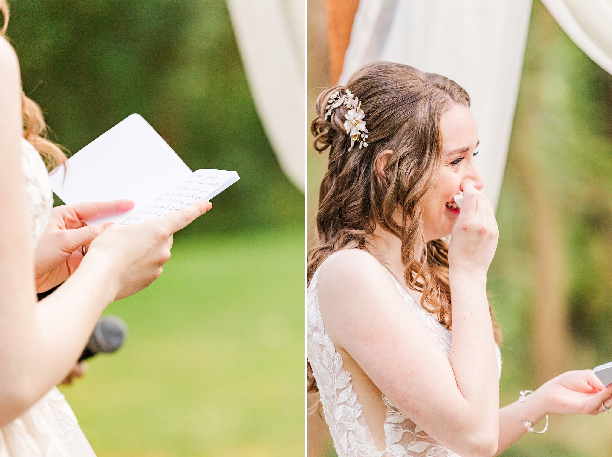 a bride cries reading her wedding vows