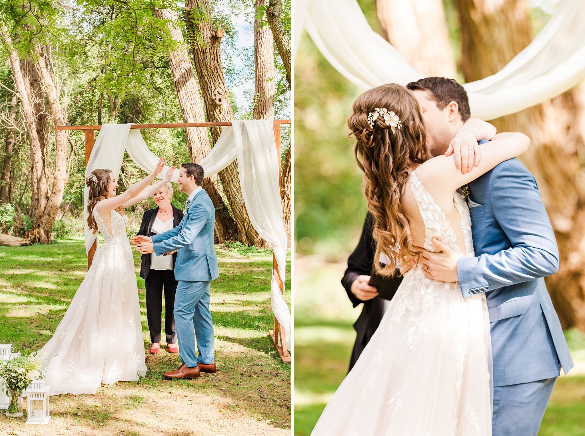 a bride and groom share their first kiss at their elm hurst inn wedding
