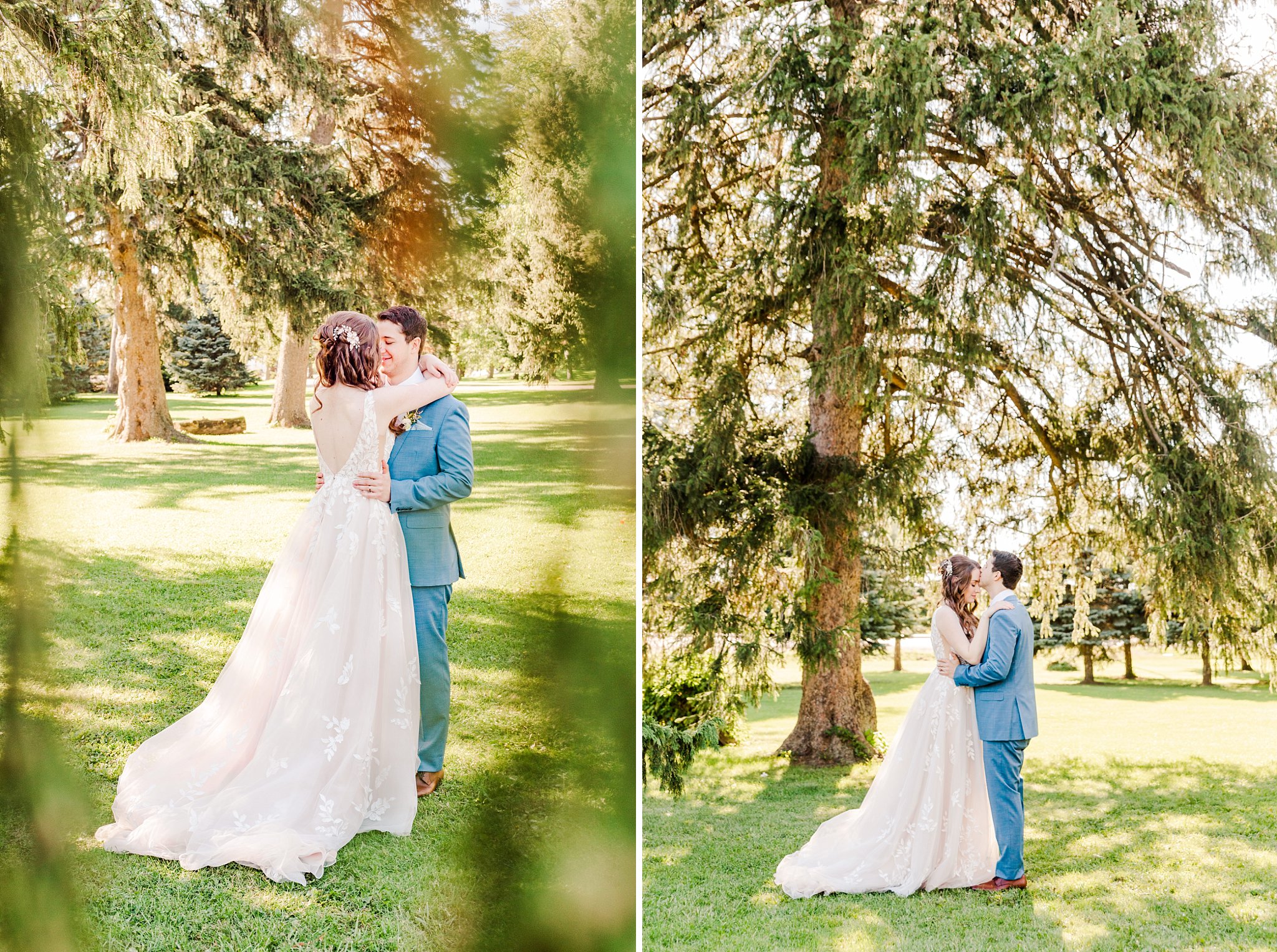 a bride and groom kiss standing in front of trees