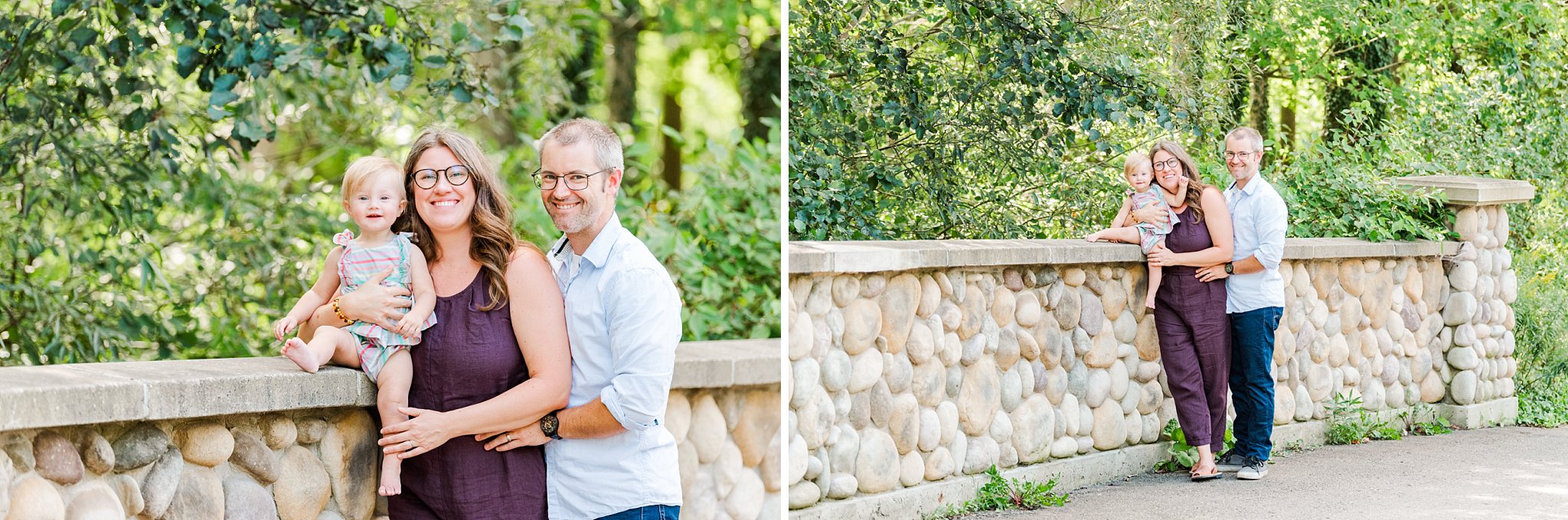 a family of three poses against a stone wall in springbank park family photos london ontario