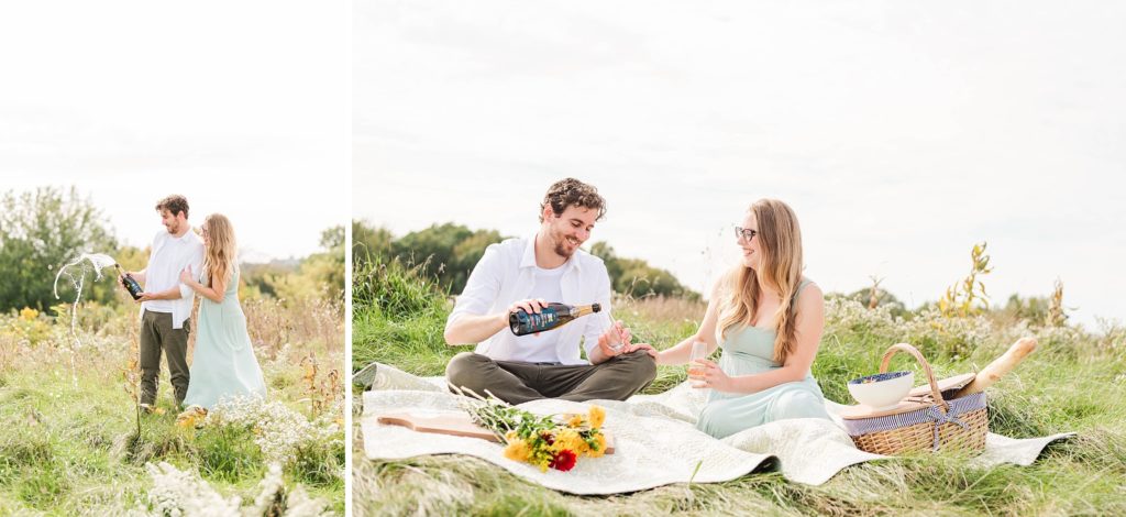 a couple pops a bottle of champagne in euston park. london ontario engagement photographer.