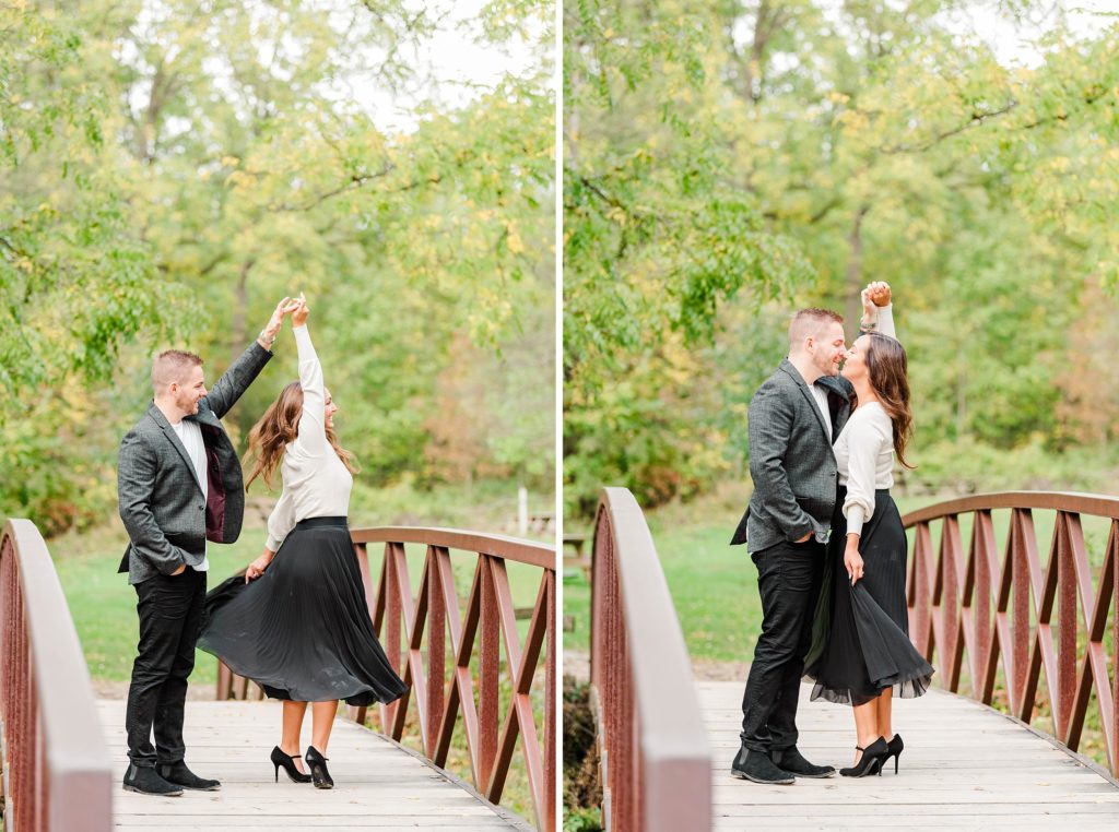 A couple leans in to kiss one another on  a bridge by Kelowna Wedding Photographer Life is Beautiful Photography