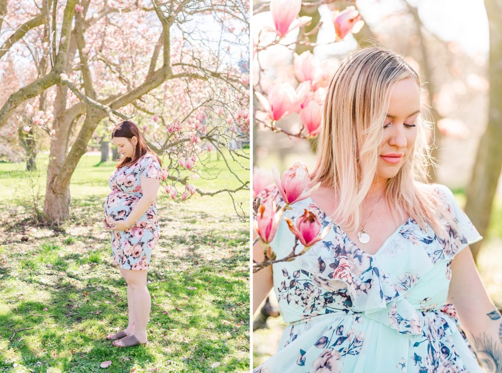 a pregnant woman looks down at her baby belly during a maternity mini session