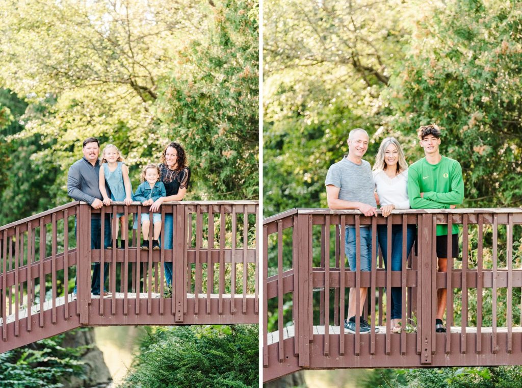 two families stand together on a bridge