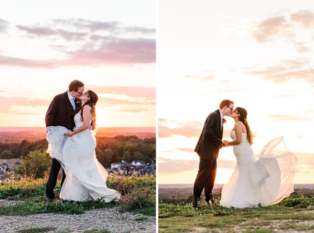 a bride and groom kiss at sunset on top of a mountain. kelowna wedding photography by life is beautiful photography