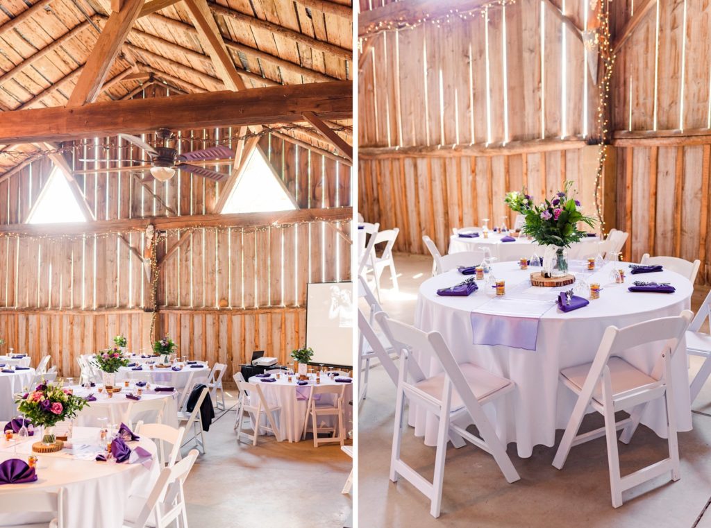 Tables inside Century Wedding Barn decorated for a wedding reception
