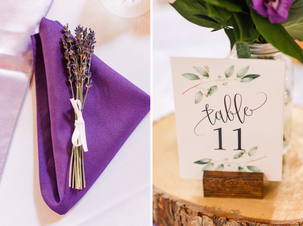 wedding table signs and purple napkins