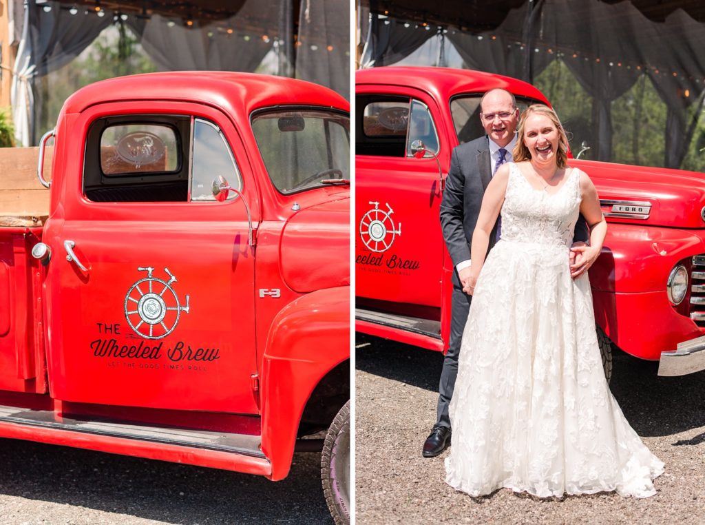 a bride and groom stand in front of a vintage red truck from the wheeled brew