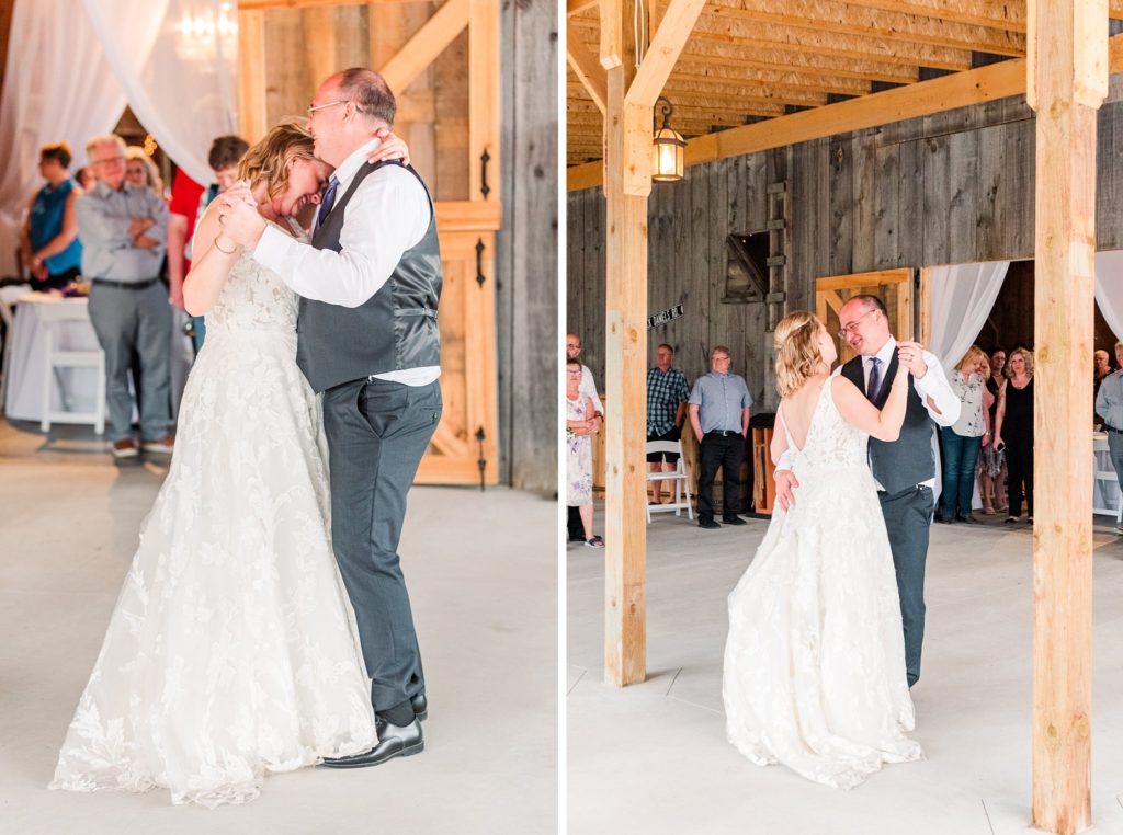 a bride rests her head on her husband's shoulder during their first dance