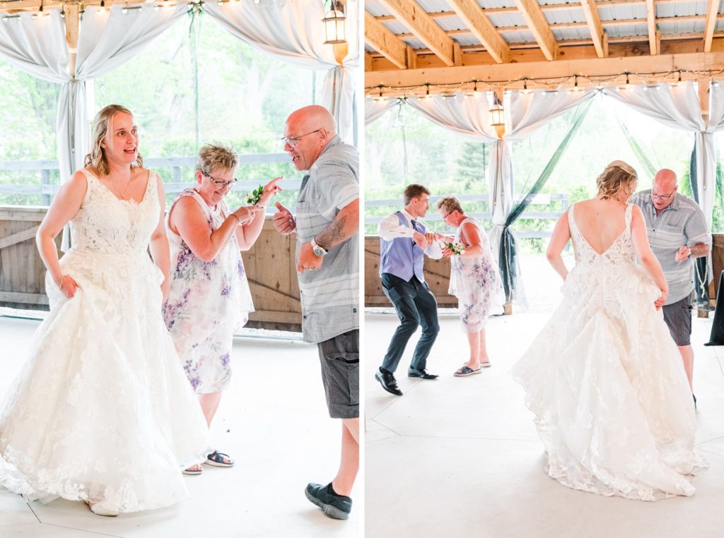 a bride dances with her wedding guests