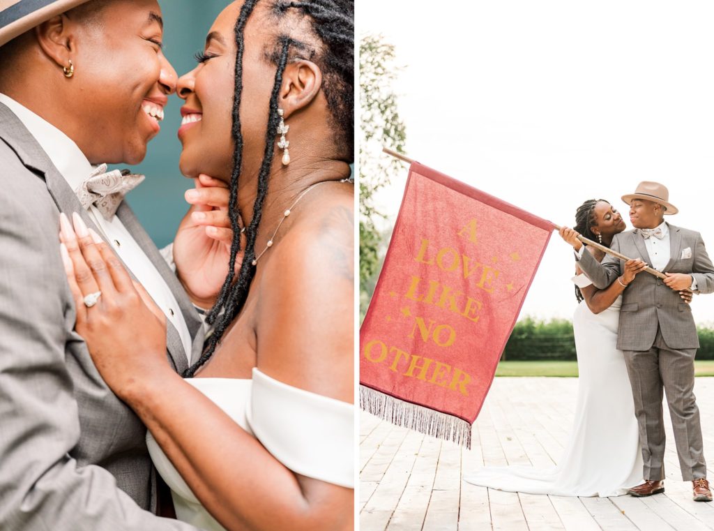 A lesbian couple laughs together at their Wheatfield Estate wedding