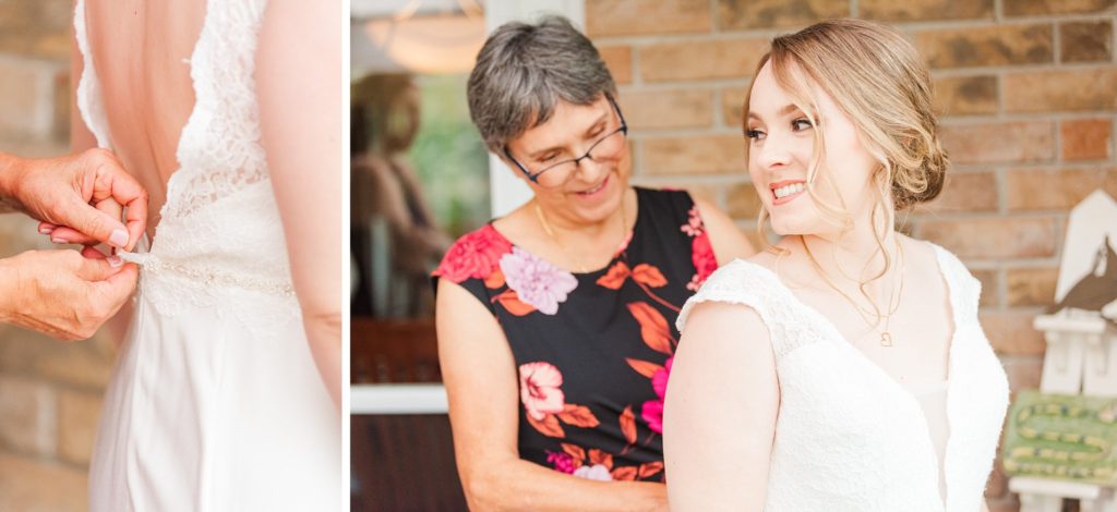 a bride's mother helps zip up her wedding dress