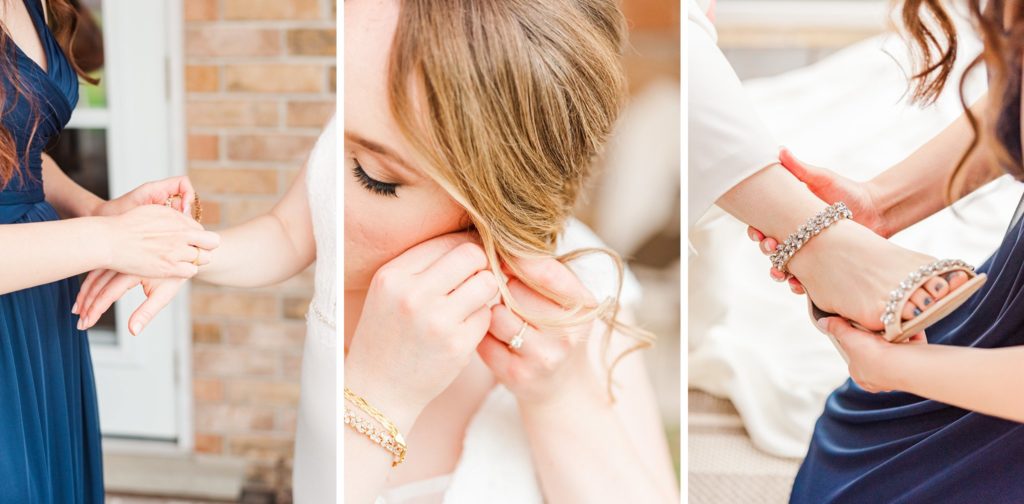 a bride puts on her jewelry and shoes