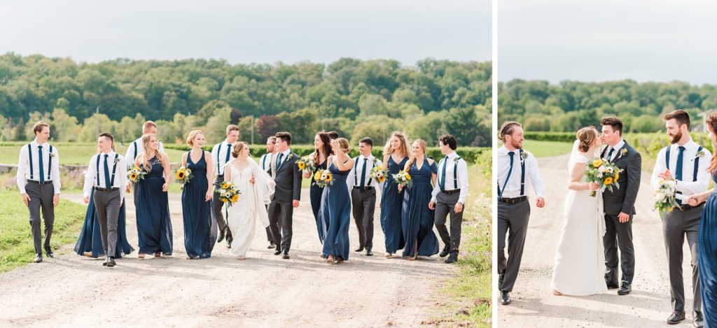 a wedding party walking together at a winery