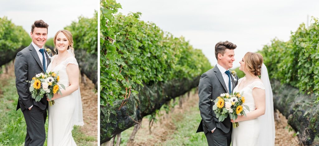 a bride and groom smile at one another while standing in a vineyard