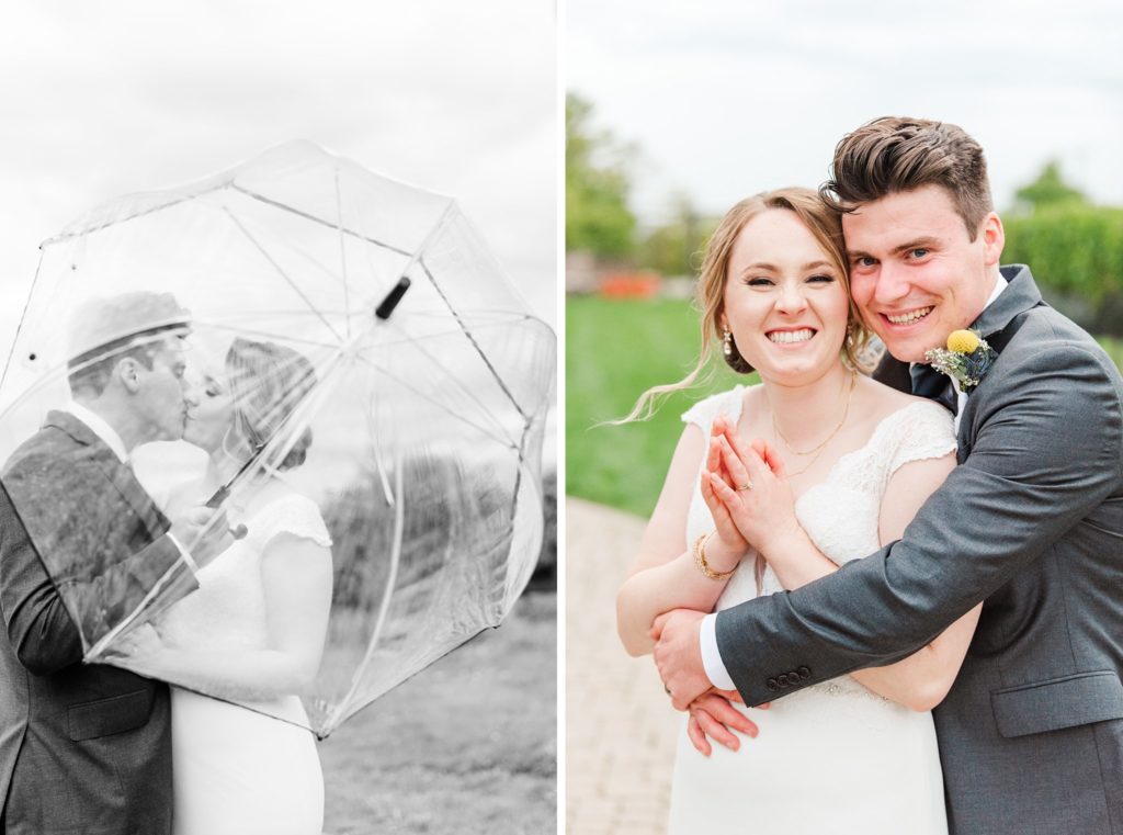 a bride and groom kiss while standing behind a clear umbrella