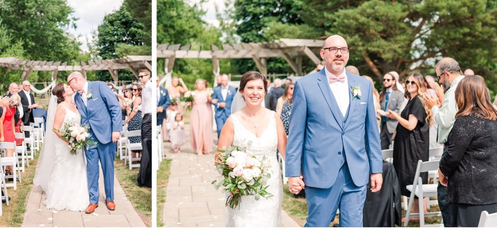 a bride and groom walk down the aisle as husband and wife at stratford country club