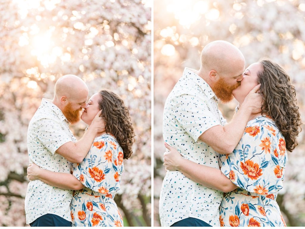 a couple kisses by the magnolia trees at sunset in springbank park by life is beautiful photography