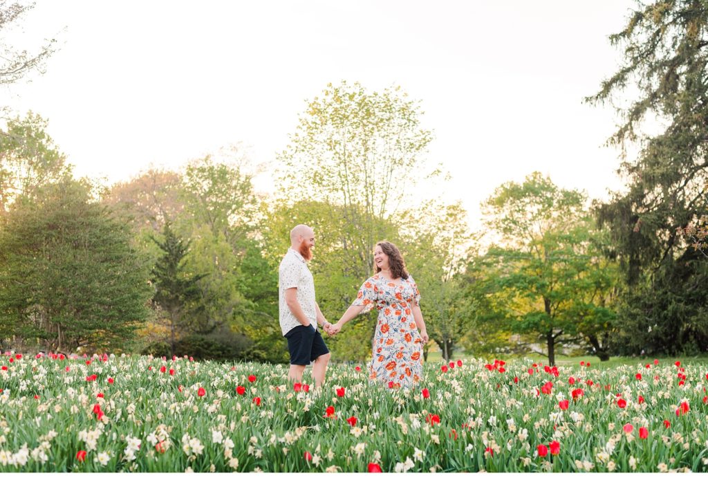 a couple walks through flowers together during their engagement session with cherry blossoms in ontario