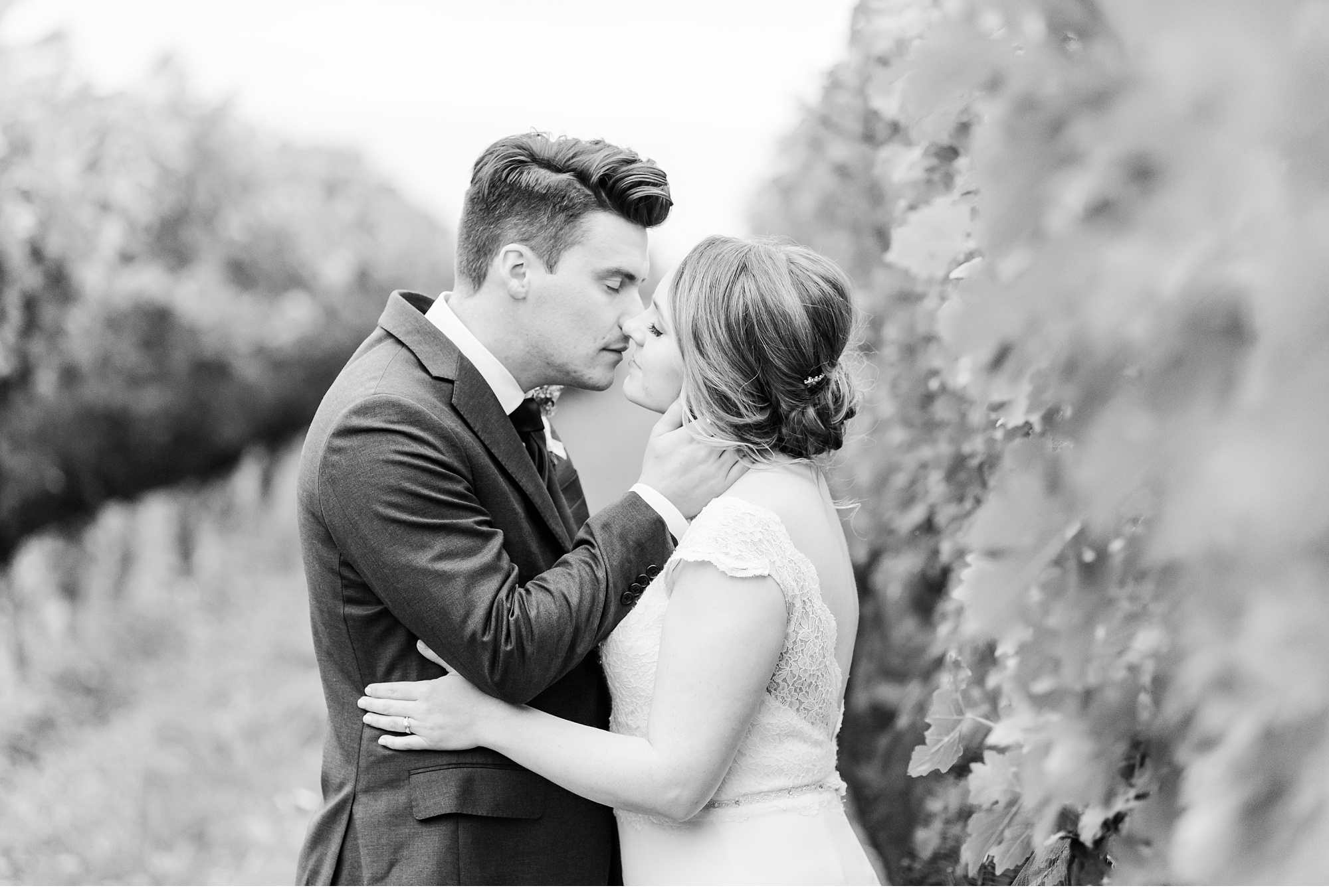 a black and white photo of a bride and groom about to kiss. used in a blog post about 10 questions to ask a wedding photographer
